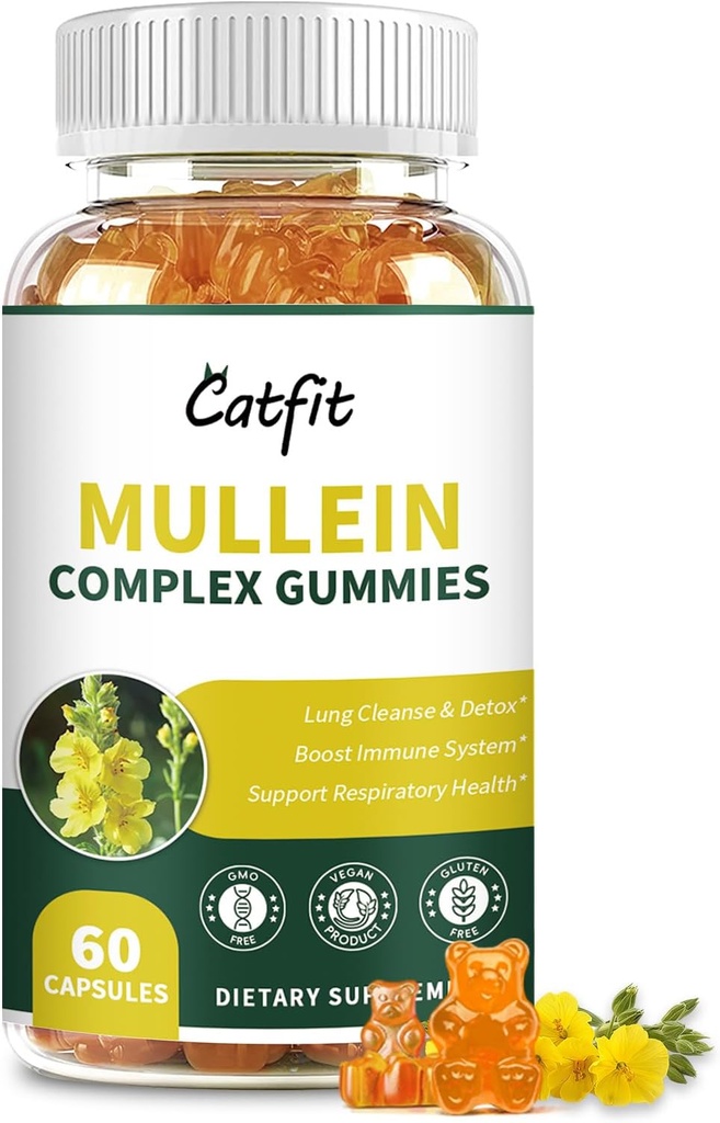 Catfit Mullein Gummies for Lungs ... Mullein Leaf Extract with Quercetin, Elderberry for respiratory & Immunosupport,Lung Health & Breathing, Vegan, Ananas Flavor, 60 Gummies