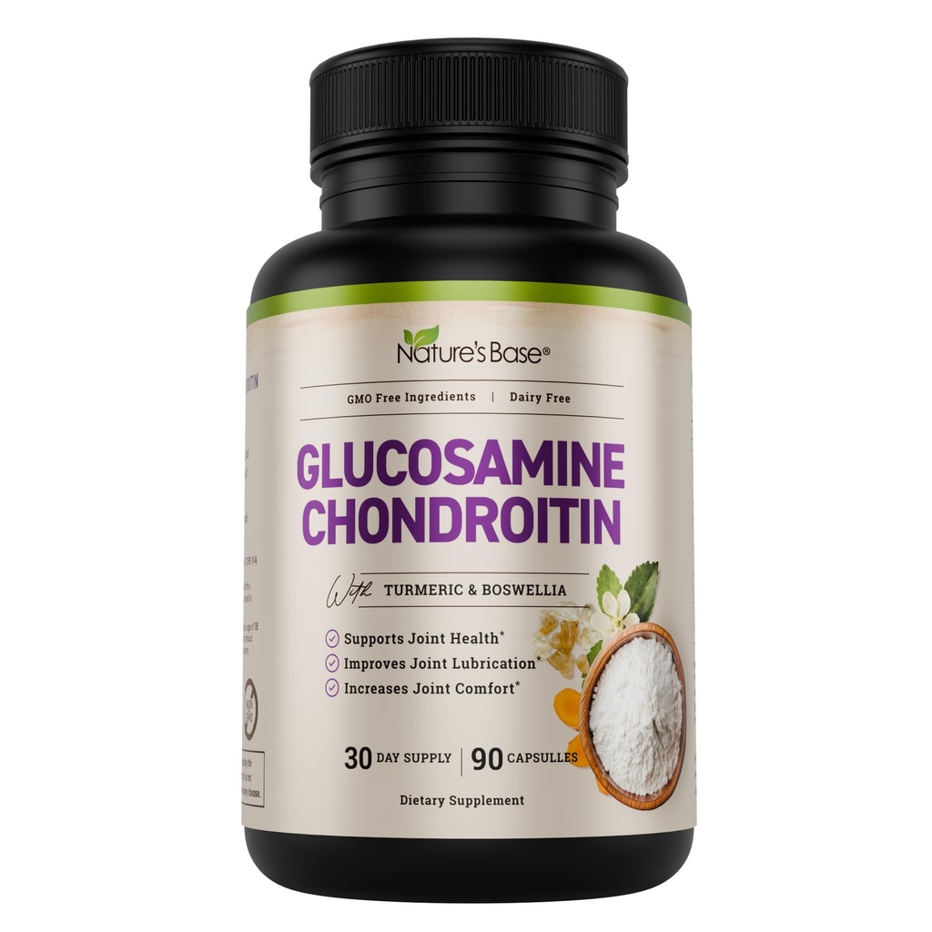Naturens Base Glucosamine Chondroitin MSM Collagen - Gemensamt stödtillägg för rörlighet, flexibilitet och komfort - med gurkmeja, Boswellia - för män och kvinnor - 90 kapslar