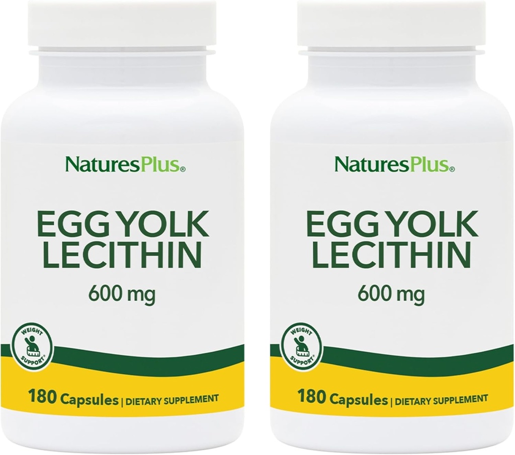 NaturesPlus Egg Yolk Lecithin - 600 mg, 180 kapslar - Förpackning med 2 - Sojafri, Glutenfri - 180 Totala portioner