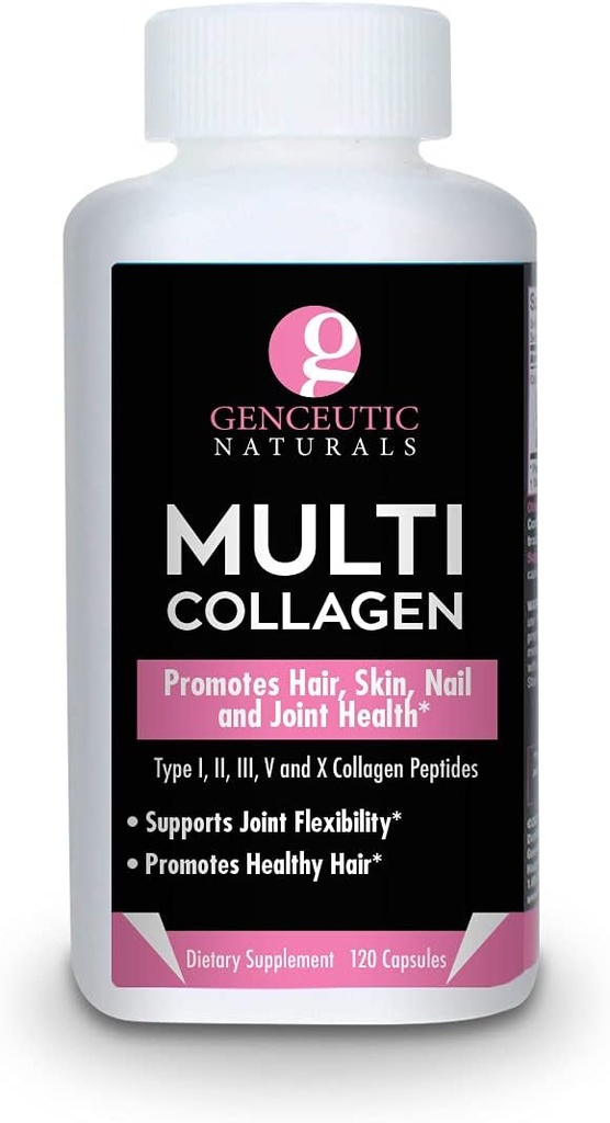 Genceutic Naturals Multi Collagen Capsules Tyypit I, II, III, V & X - 120 Veg Caps - terveelle hiusiholle, kynnet 1500 mg ei-GMO, pastöroitu, häkki vapaa ja julma vapaa lähde