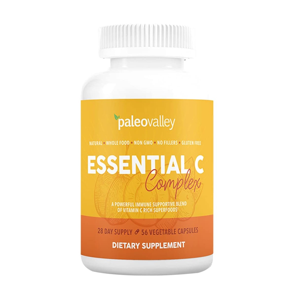 Paleovalley Essential C Complex - Vitamin C Supplement för Immune Support - 1 Pack, 450mg - Organiska Superfoods Unripe Acerola Cherry, Camu Camu, Amla Berry - Ingen syntetisk askorbinsyra - USA Made