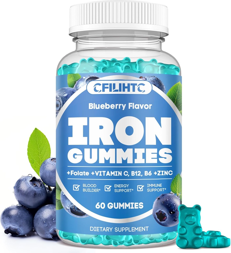 Järngummies för kvinnor och män - Järntillskott med vitamin B6, B12, C, Zink, folat för vuxna och barn - Stöd järnbrist, Anemi, energiökning, blodbyggare - Sugar Free Vegan 60ct Blueberry