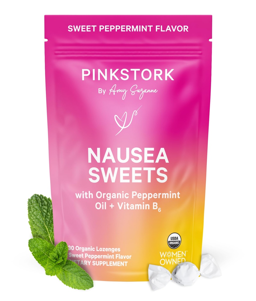 Vaaleanpunainen Stork Organic Piparminttu Sweets for Morning Sairaus ja Liike Sairaus Tuki, Lisätty B6-vitamiini, 1. Trimester Raskaus Täytyy olla - 30 kääritty Piparminttu karkkeja