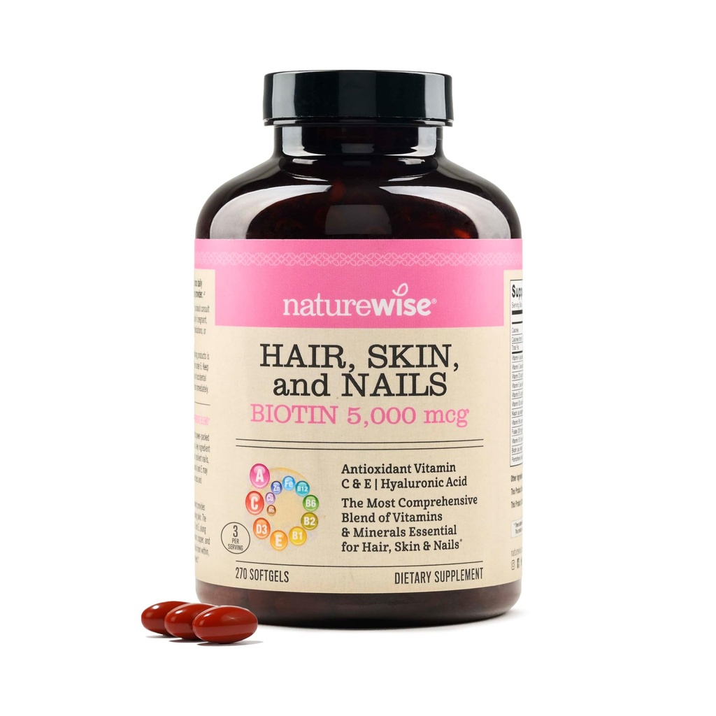 NatureWise Hair Skin and Nails Vitamiini, Biotiini 5000 mcg w/Hyaluronic Acid, Kollageeni naisille C, B Complex, D3, A, E, Rauta - ei-GMO, Gluteeniton - 270 Softgels [30]