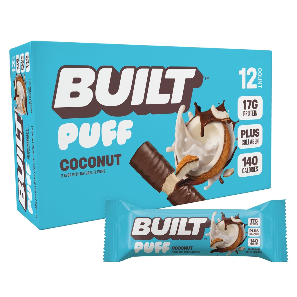 BUILT Puff Protein Bars, Coconut, 17g Protein - 12 Count | Protein Snack Bar with Collagen, Calorie Conscious, Gluten Free