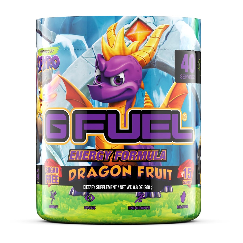 G Fuel Spyro Dragon Energy Drink Powder, Pre workout Kofeiini Mix pelaamista, sokeriton Focus Amino, vitamiini + antioksidantteja, 9.8oz (Dragon Fruit, 40 tarjoilua)