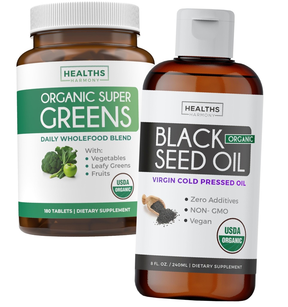 Super Greens & Black Seed Oil (3-kuukautinen toimitus) Kasvihuoneöljy Blend Bundle of Organic Super Greens Powder - Complete Superfood (180 kapselia) & Organic Black Seed Oil Liquid - Kylmäpuristettu (8 fl oz)