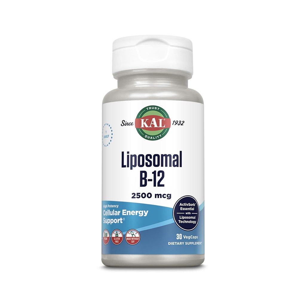 KAL Liposomaalinen B12 2500 mikrog, korkea imeytyminen, liposomaalinen teknologia, solun energiatuki, vegaaniset kapselit, Gluteeniton, Valmistettu ilman soijaa, 30 tarjoilua