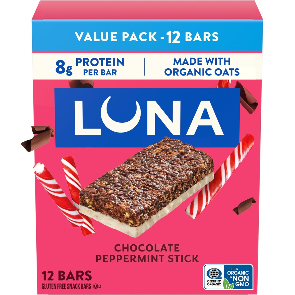 LUNA Bar - Chocolate Peppermint Stick Flavor - Snack Bars - Non-GMO - Gluten-Free Protein Bars - Tillverkad med organiska havre (12 Pack)
