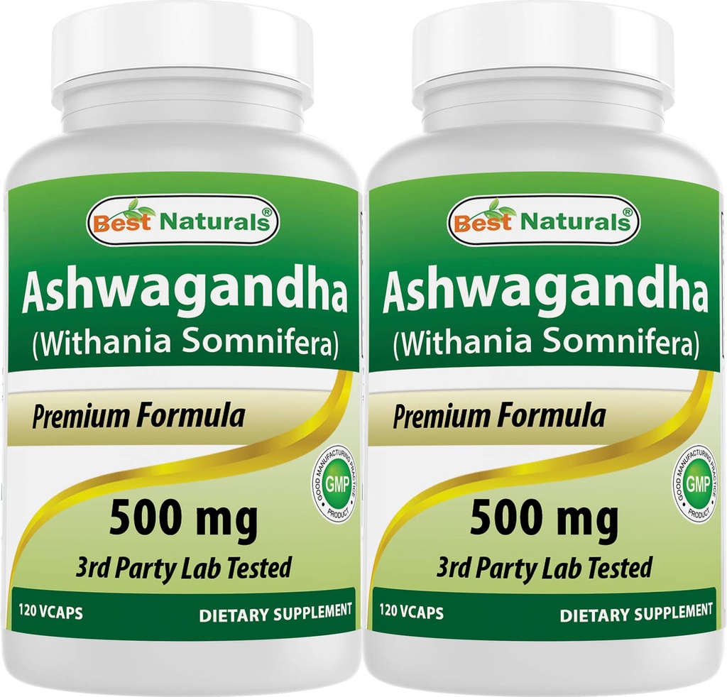 Best Naturals 2 pakkaus Ashwagandha kapselit rentouttava stressi ja mieliala, 500 mg, 120 Määrä (yhteensä 240 kapselia)