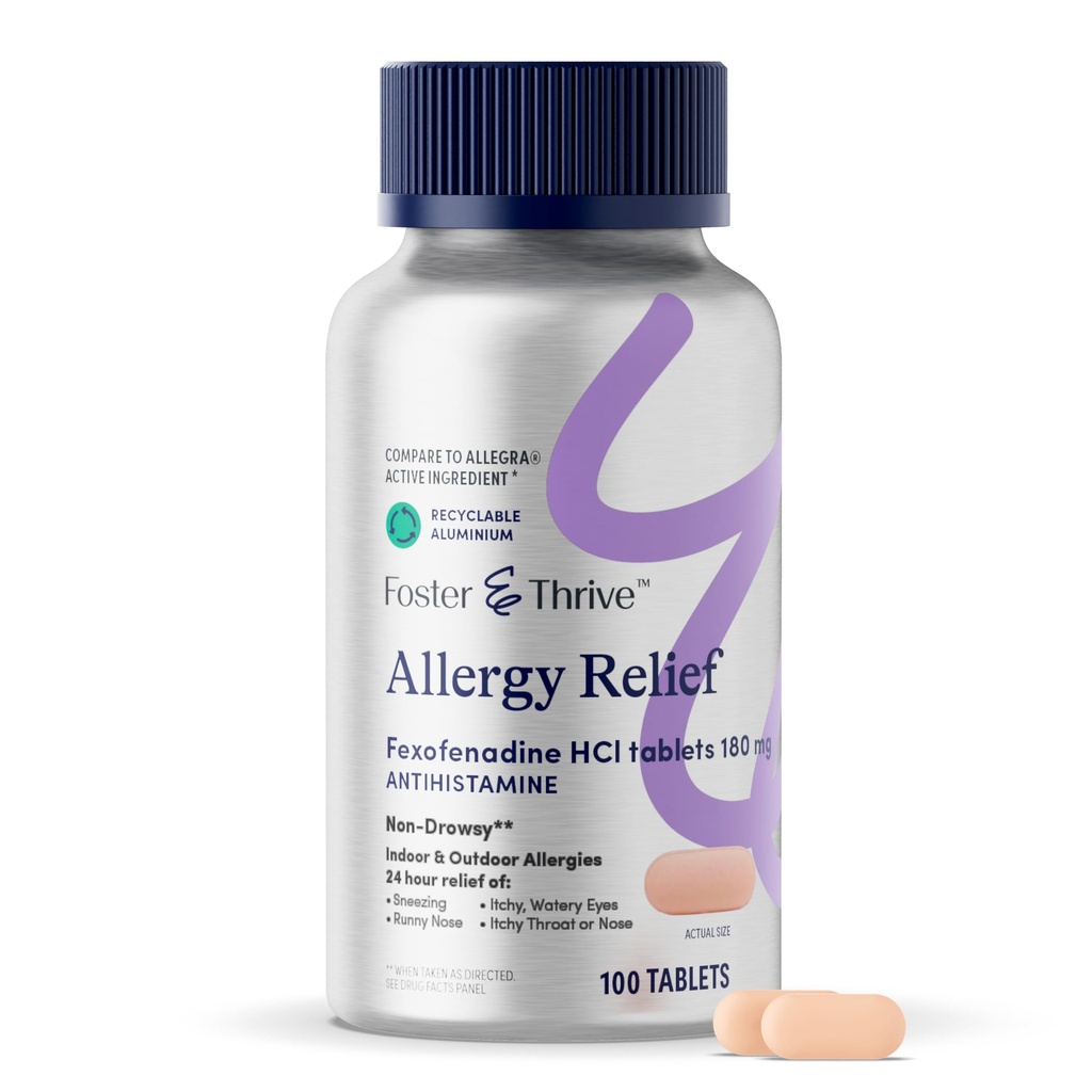 Foster & Thrive Fexofenadiini HCl Non Drowsy Allergy Relief for Hay Fever, Pollen, kutina silmät ja kausittaiset allergies, tehokas tuki lapsille ja aikuisille, 180 mg, 100 tablettia