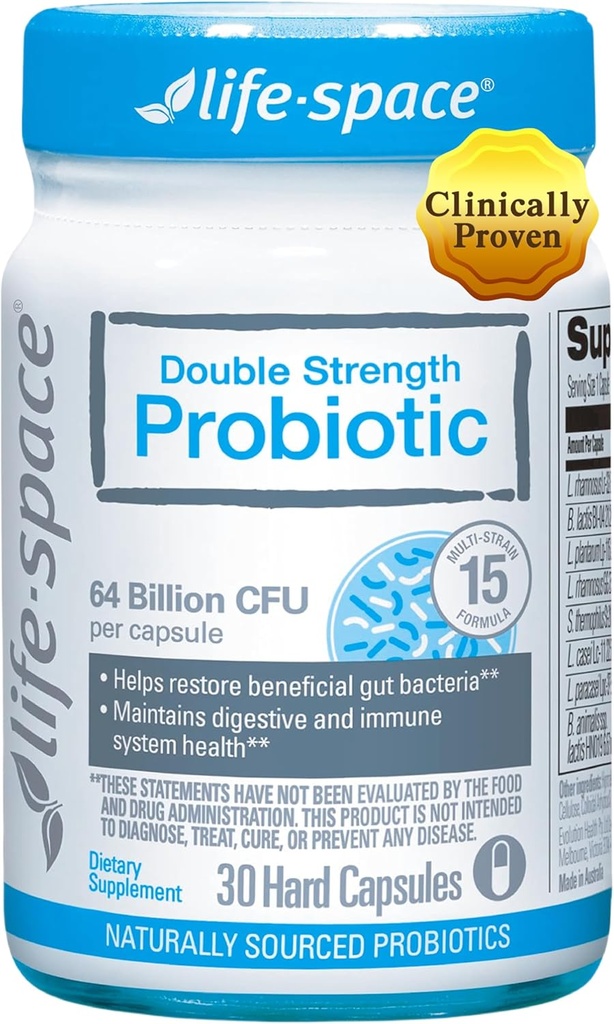 Life-Space Double Strength Broad Spectrum Probiootti, 64 miljardia PMY & 15 Diverse Strans, Redouble Formulated for Digestive Health & Immunology, Probiootit naisille & miehille - 30 Veg kapselit