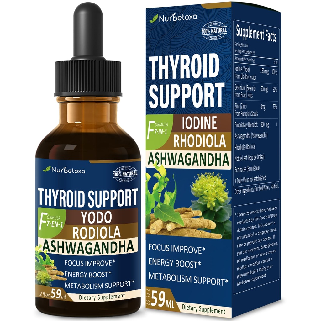 Thyroid Support Drops - Liquid Iodine Supplement, Gotas de YODO y Selenio para Tiroides, Con Rodiola Semenovii y Ortiga, Fight Brain Fog w / Ashwagandha & Rhodiola Extract Tincture.2 oz