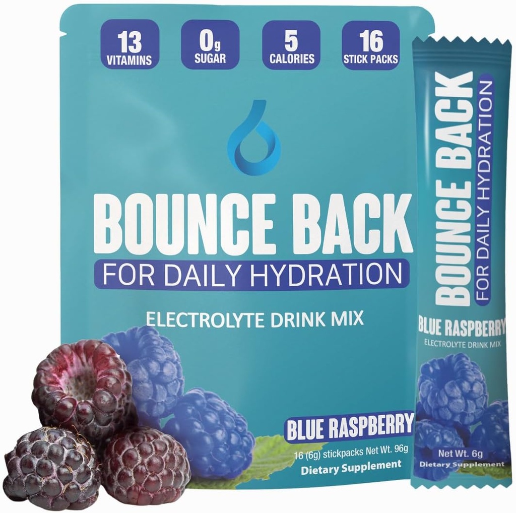 Bounce takaisin Päivittäinen nesteytys - 13 Essential Vitamiineja, Zero Sugar Electrolyte Packets - 5 kaloria, Luomu - Keto ja jaksottainen ystävällinen ... 0 Net Carbs (16 pakkaus, sininen vadelma)