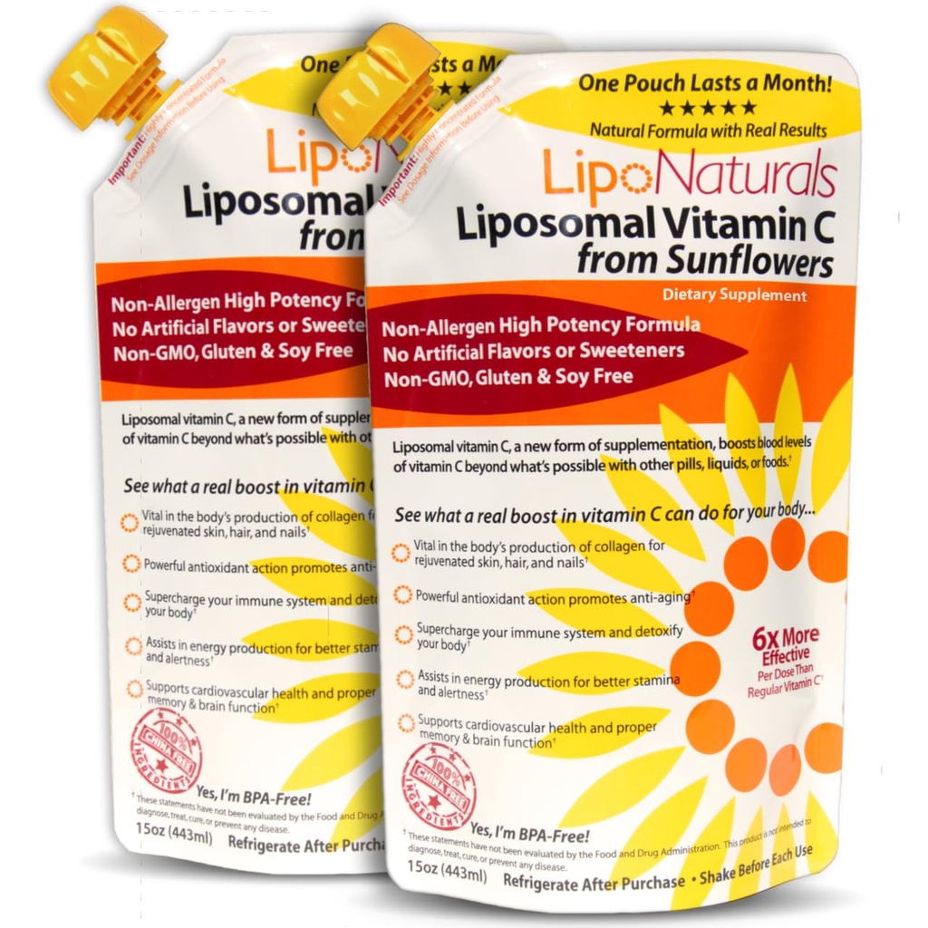 Lipo Naturals Liposomal Vitamiini C 1000 mg Liquid (2-Pack 60 annosta) - Luonnollinen Formula Immuniteetti + energiatuki - Vegan, Kiina-vapaa (15oz / 443 ml ea.)
