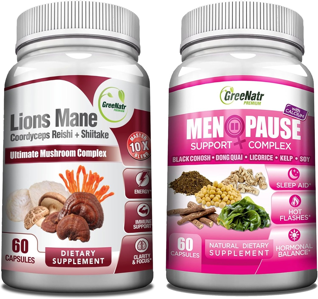 GreeNatr Energy Boost Plus Menopause Tuki Bundle: Sieni täydentää tarjoaa Natural Energy Boost, edistää kestävää elinvoimaa + kasviperäisten vaihdevuosi Complex Hot Flass, yöhietot