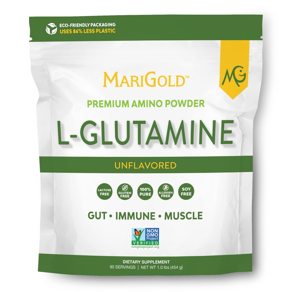 MariGold Pure Unmariored L-glutamine Powder - Terve Gut, Immuuni, ja lihasten tuki, ei-GMO, Gluteeniton, Soy & Allergen Free (5 g / 5000 mg per tarjoilu)