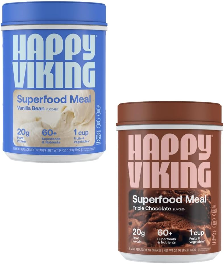 Happy Viking Vanilla and Chocolate Protein Powder, by Venus Williams, 20G Protein, Low Carb, Keto, Vegan, Gluteeniton, Superfoods, Complete Meal Replacement, 2 Canisters (24 oz. Kukin)