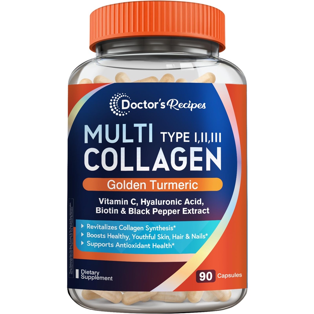 Lääkärin reseptit Multi Collagen Peptides Golden Turmeric, C-vitamiini, Biotiini, Hyaluronic Acid & Black Pepper, Kollageeni täydentää ihon, hiusten, kynsien, Kollageeni naisten ja miesten, 90 Caps