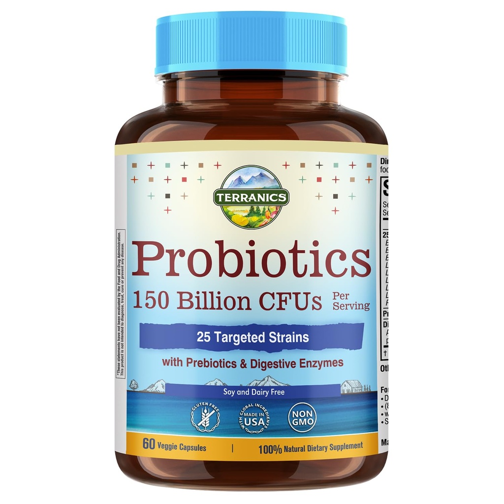Terranics Päivittäiset probiootit miehille & naisille, 150 miljardia 25 kanta Colon Care Probiootit, prebiootit & Entsyymit, terve sääntöjenmukaisuus, viivästynyt julkaisu, hyllytabletti, 60 kasviskapselia