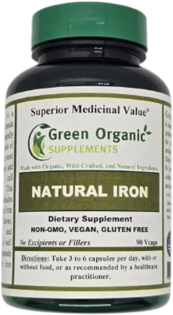 (Pack of 1) Green Organic Supplements' Iron, 2000mg Organic Iron Capsules, 90, Hand Made, Vegan, Non-GMO och Gluten Free Natural Iron Capsules
