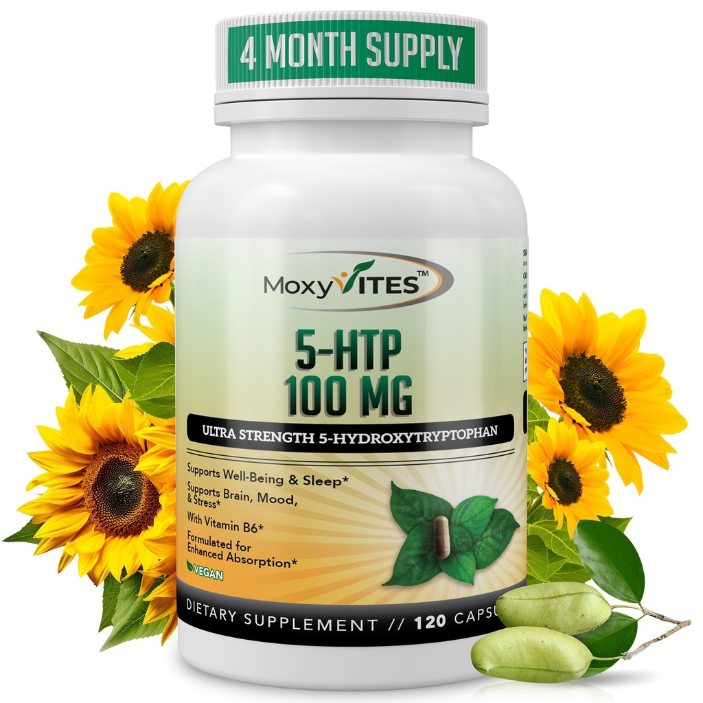 MoxyVites 5HTP 100mg Supplement, Plus B6, 5 HTP Organic koko ruoka - Paras serotoniini Booster - ei-GMO, 120 vegan kapselit