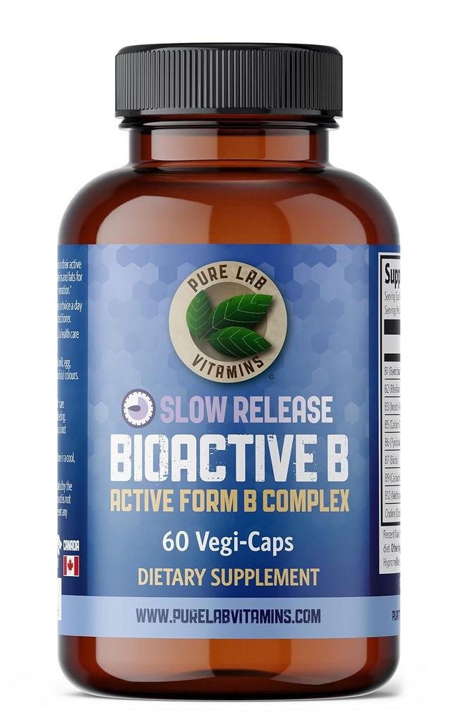 Bioaktiv B-komplex tillskott - 60 Vegan Caps by Pure Lab Vitamins - Slow Release Active Formel (B1, B2, B3, B5, B6, B7, B9, B12) - 30 Days Supply, Gluten & Sugar Free Made i Kanada