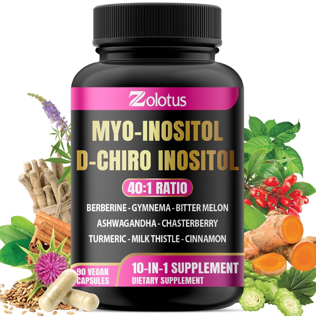 Zolotus Myo-Inositol & D-Chiro Inositol Ideal Ratio Inositol Supplement med Bitter Melon, Milk Thistle, Turmeric, Gymnema, Chasteberry, Ceylon Cinnamon, Ashwagandha, Berberine - 90 kapslar