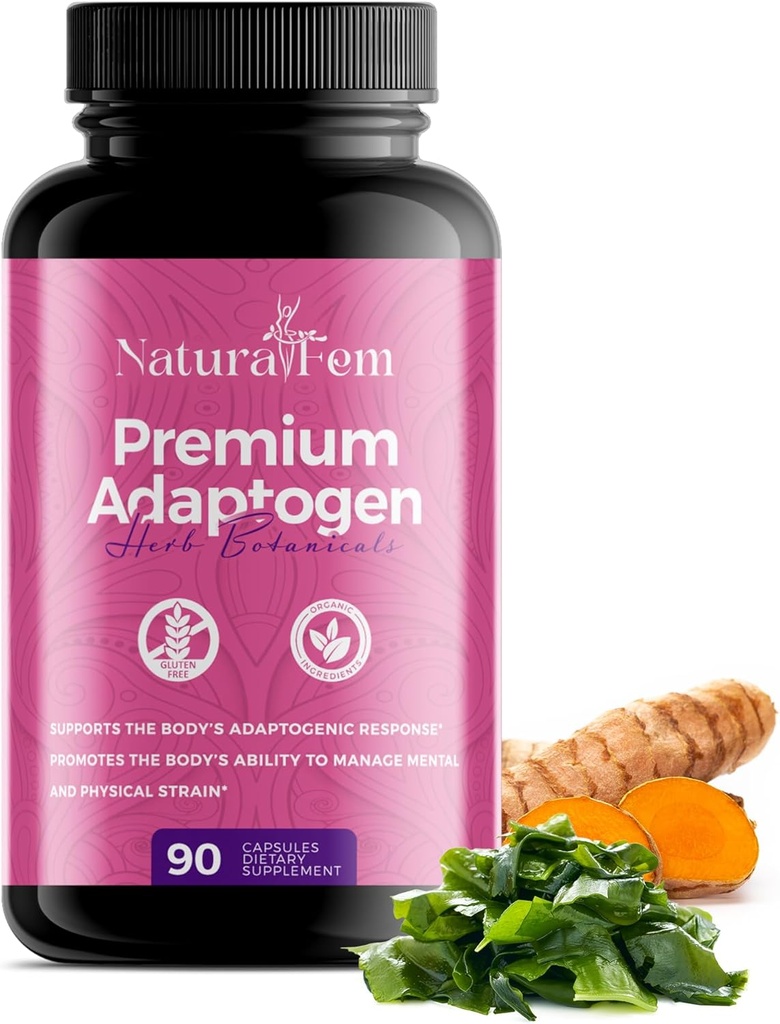 NaturalFem Premium Adaptogens lisäravinteet naisille herb kasvitieteellisiä kuten Rhodiola Rosea Extract, Turmeeric, Maca Root parempaan Adaptogenic Response, Focus & Mood Support Supplement - 90 kapselia