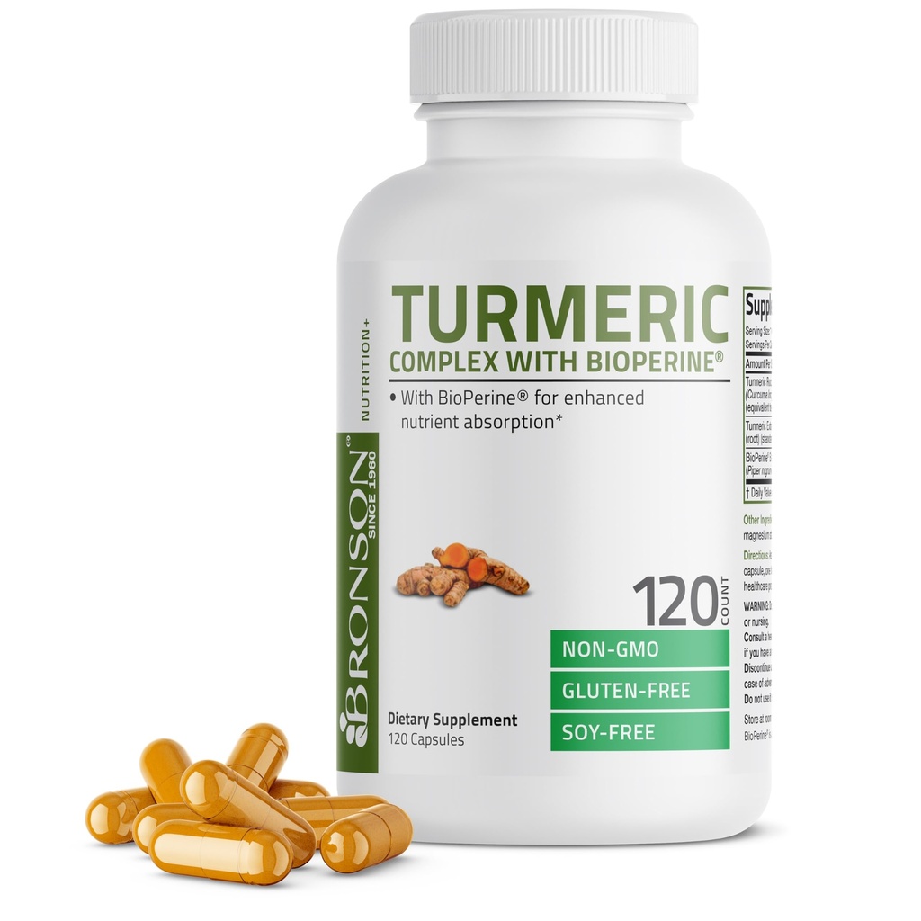Bronson Turmeric Curcumiini BioPerine - High Potency Premium Joint Support 95% Standardoitu Curcuminoids - Ei-GMO kapselit Black Pepper - 120