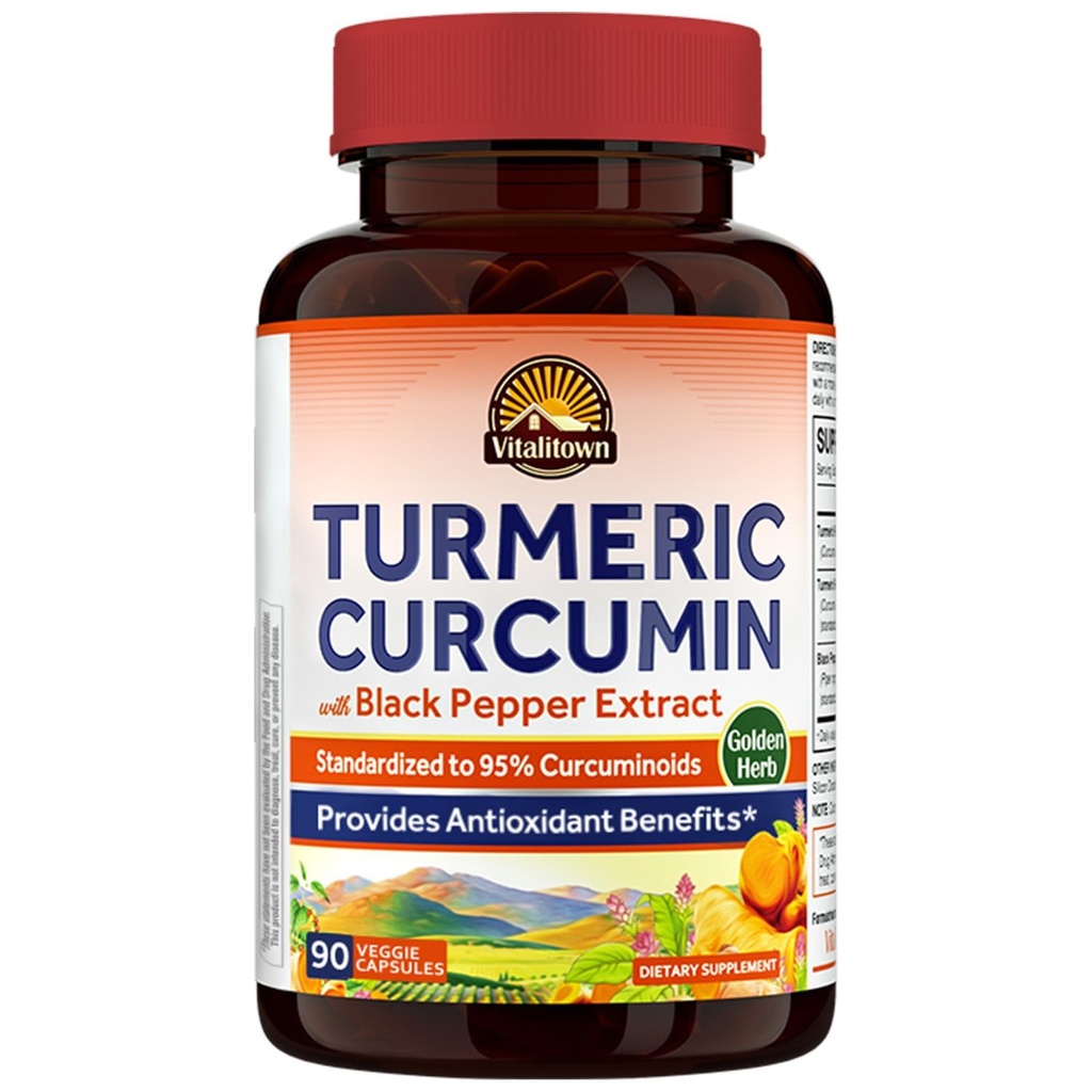 Vitalitown Turmeric Curcumin Root + Black Pepper, 1800MG, Intia Kasvanut, 95% Standardoidut Curcuminoidit, Ultra Potency, 2000% Imeytyminen, ei lyijyä tai gluteenia, vegaaninen tuki, 90 lla