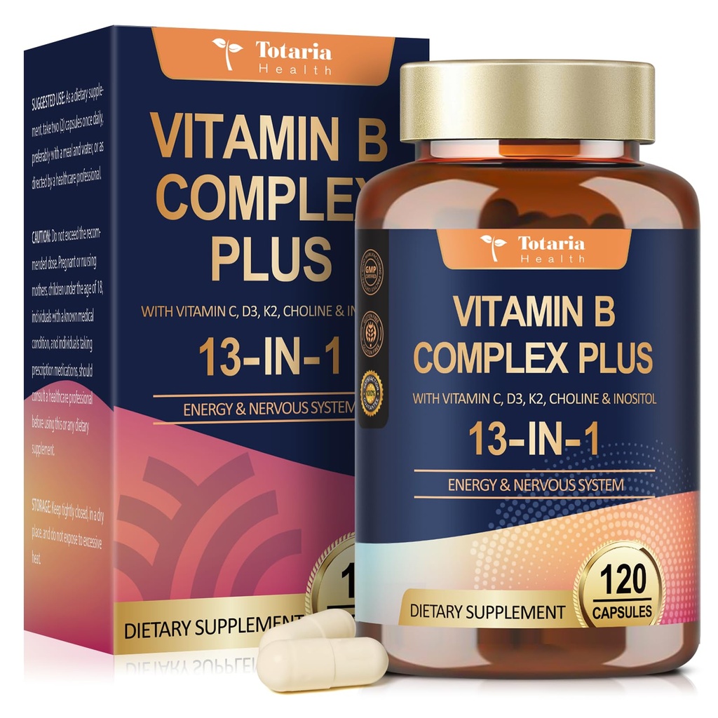 13-in-1 B-vitamiinikompleksi Plus B1, B2, B3 (Niasiiniamidi), B4, B5, B6, B7 (Biotin), B8 (inositoli), B9 (Folate), B12, C, D3, K2 - Energia, Nerve, Immuuni, Ihotuki - 120 Vegaanikapselia