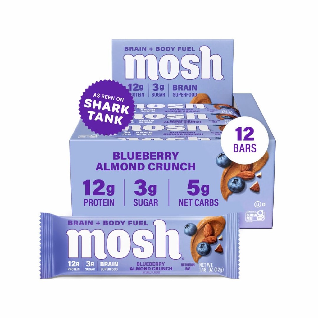 MOSH Blueberry Almond Crunch Keto Protein Bars, High Fiber, Low Carb, Gluteeniton, Korkea proteiini, Aivot Terve Välipala, 12 Count