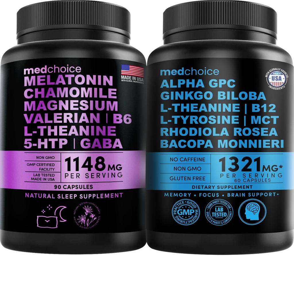 MEDCHOICE Sleep Melatoniini (90ct) ja Nootrooppinen aivot (60ct) täydennysosa Bundle - Wellness Duo for Sleep, Brain, Focus, & Mood Support - Vegan, ei-GMO, Gluteeniton
