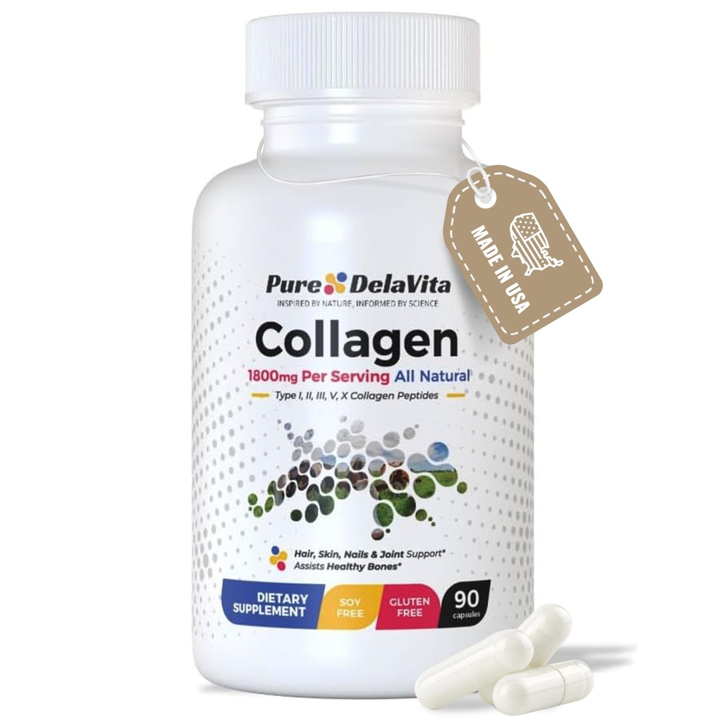 Täydelliset kollageenikapselit naisille 1800mg, tyypit I, II, III, V, X hiuksille, iholle, kynsille, nivelille ja luunterveydelle, korkealle imeytymiselle, anti-agingille, ei-GMO:lle, gluteenittomille, 90 kapselille
