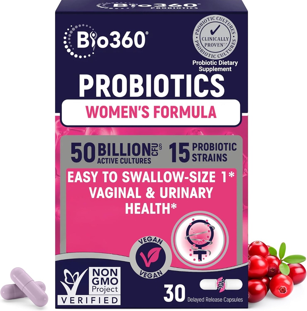 Bio360 Probiootit naisille Vaginigal Health - tukee pH Balance, emätin, virtsan, & Ruoansulatus - 50 miljardia PMY & 15 ainutlaatuinen kanta terveeseen emättimeen Odor & emättimeen Flora - Kestoaika