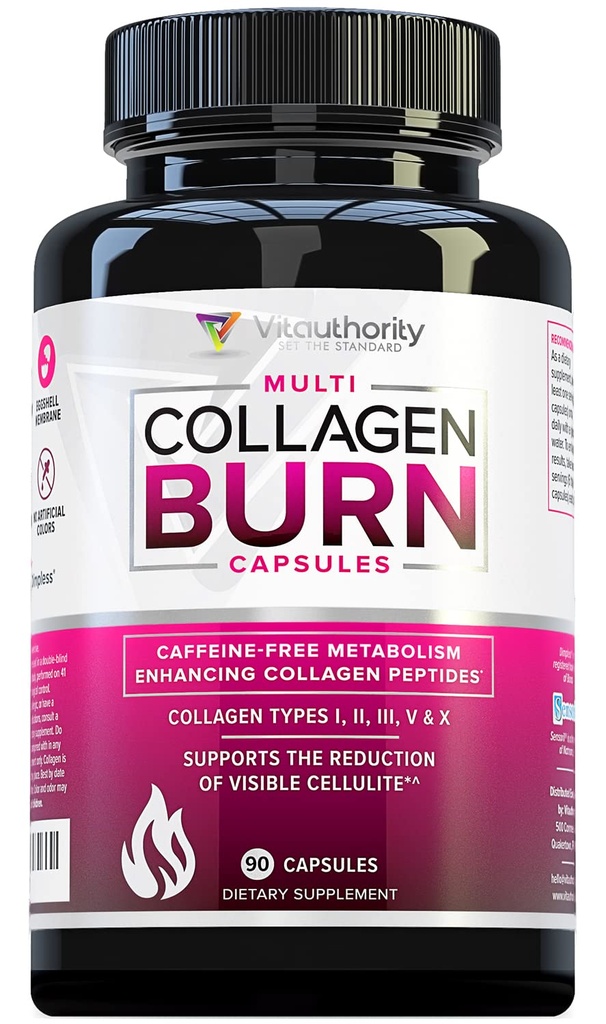 Multi Collagen Burn: Monityyppinen hydrolysoitu proteiinin Peptides hyaluronihapon, C-vitamiinin, SOD B Dimpless, tyypit I, II, III, V ja X, kofeiinivapaa (makuttomat kapselit)