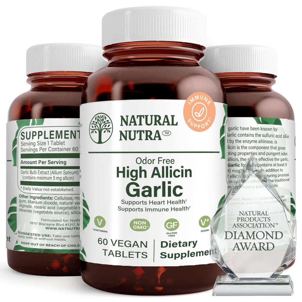 Natural Nutra High Allicin Garlic Supplement, Stöder Immune System, Förbättra Hjärthälsa, Förbättra Enzymer Hälsa, Bättre Digestion, Kamp Kalla och Flu, Vanilla Coating, 500mg, 60 Vegan tabletter