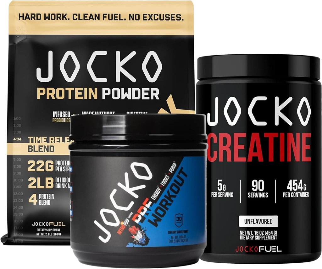 Jocko Fuel Pre Treenout, Proteiinijauhe, & Creatiini Bundle (Pack of 3)