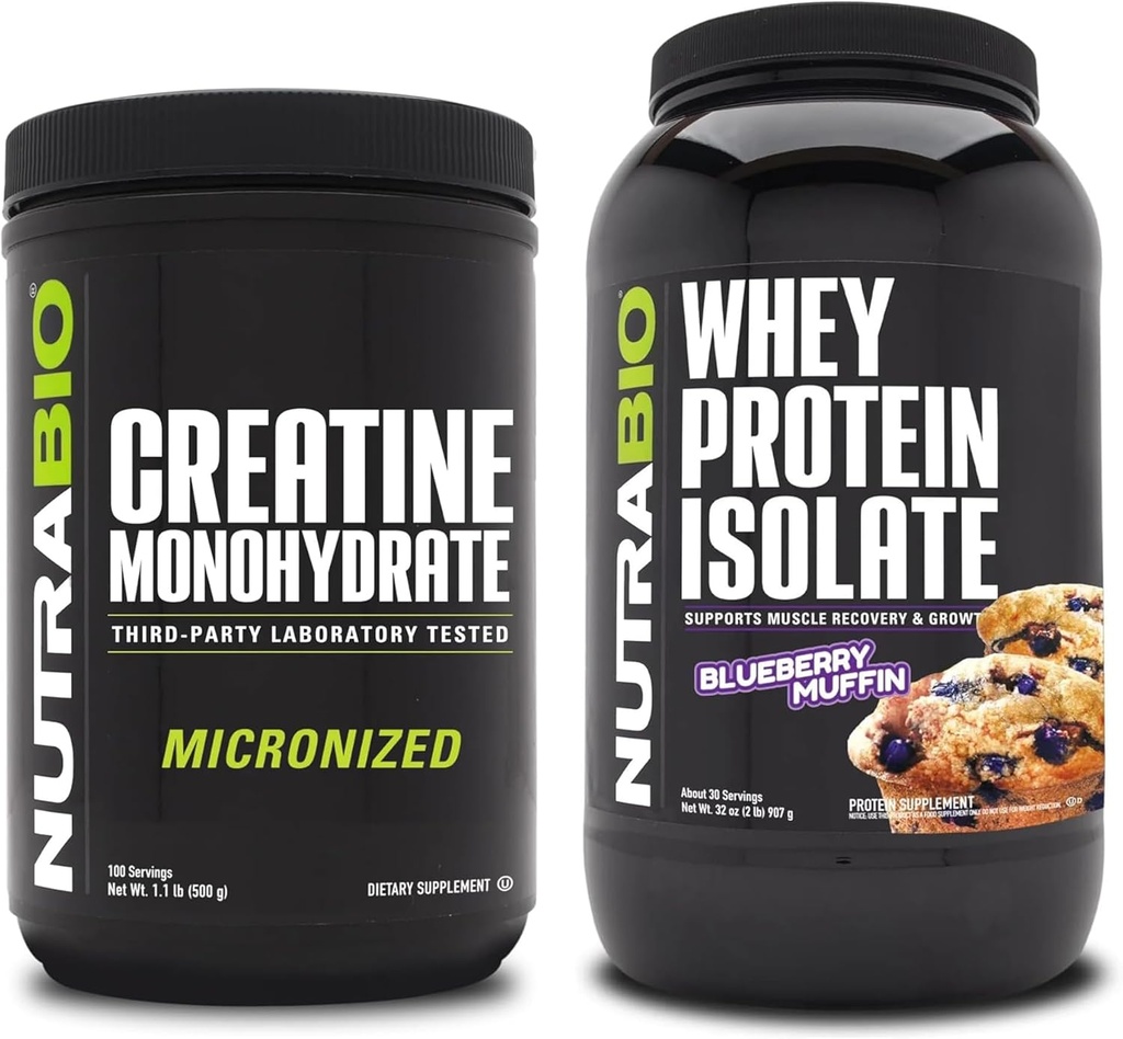 NutraBio Creatine Monohydrate, Unflavored, 500g och Whey Protein Isolate, Blueberry Muffin, Supplement Bundle - Muscle Energy, Lean Muscle Growth, Recovery och Strength