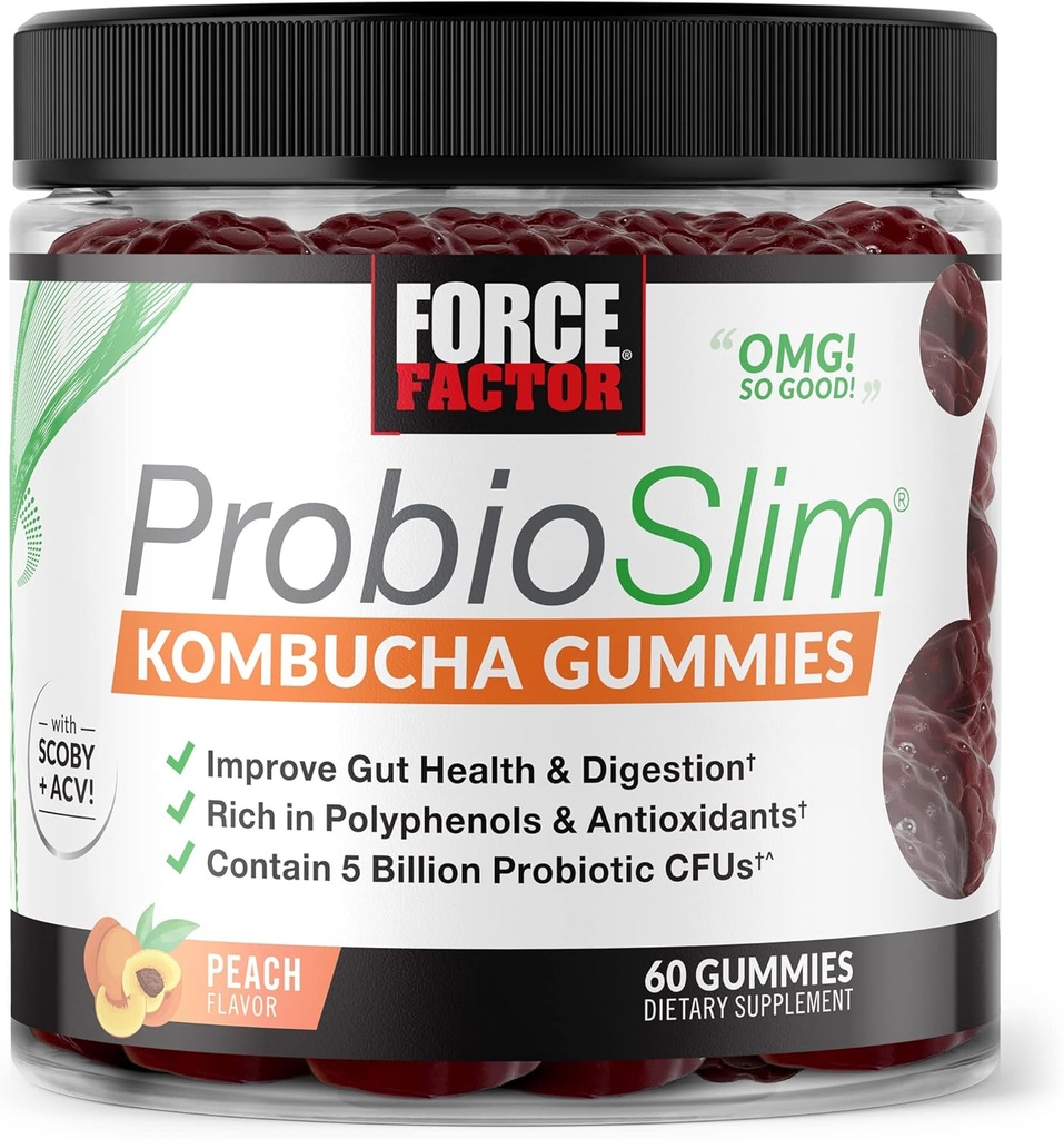 Force Factor ProbioSlim Kombucha Gummies for digestiivinen terveys, probiootit naisille ja probiootit miesten Made 5 miljardia PMY, Kombucha SCOBY Probiootti Gummies, Persikka, 60 Gummies
