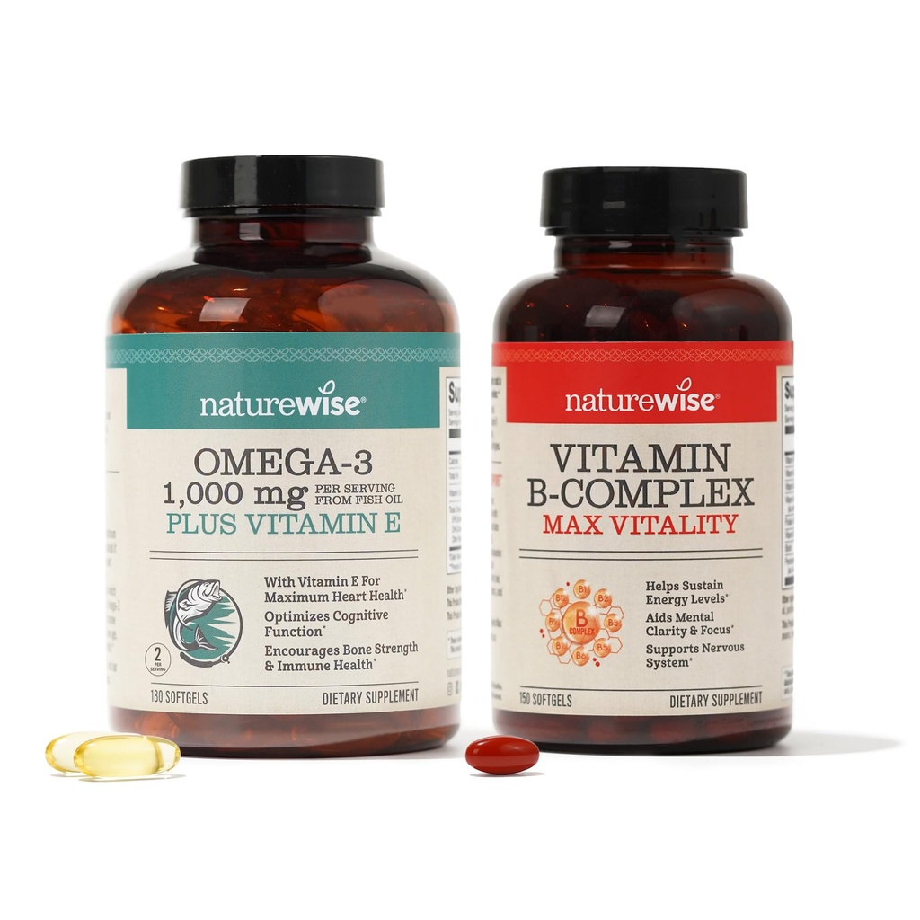 NatureWise 1000mg Omega 3 600mg EPA 400mg DHA-vitamiini E 180ct & B-vitamiinikompleksi naisille ja miehille 150 Softgels[5-Kuukauden tarjonta]