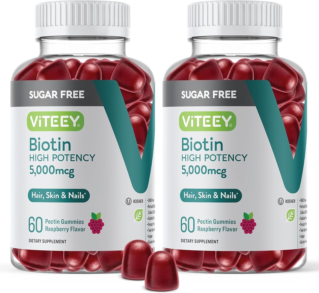 VITEEY Biotin Gummies for Hair, Skin och Nails 5,000mcg - Sugar Free - Hair Growth Gummies, Healthy Skin Glow, Strong Healthy Nail Growth - Vegan, Gluten Free, Gelatin Free- Chewable Raspberry Flavor