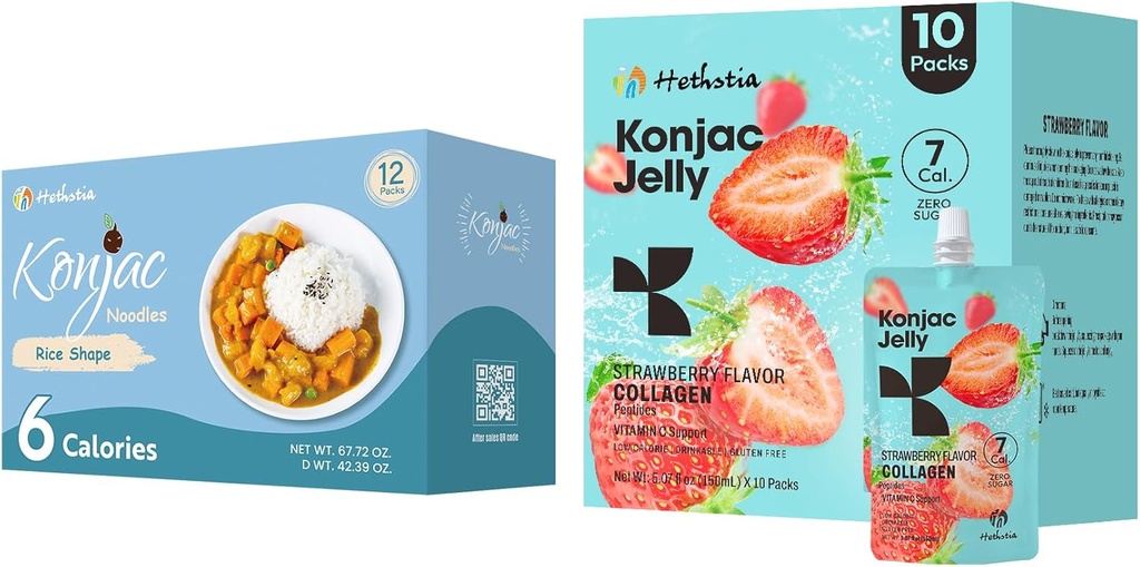 Hethstia Konjac Jelly Strawberry Flavor with Collagen Peptides 10 Packs and Konjac Rice Gluten Free 12 Packs Low Calorie, Keto, Sokeriton, Terveellinen Ruoka