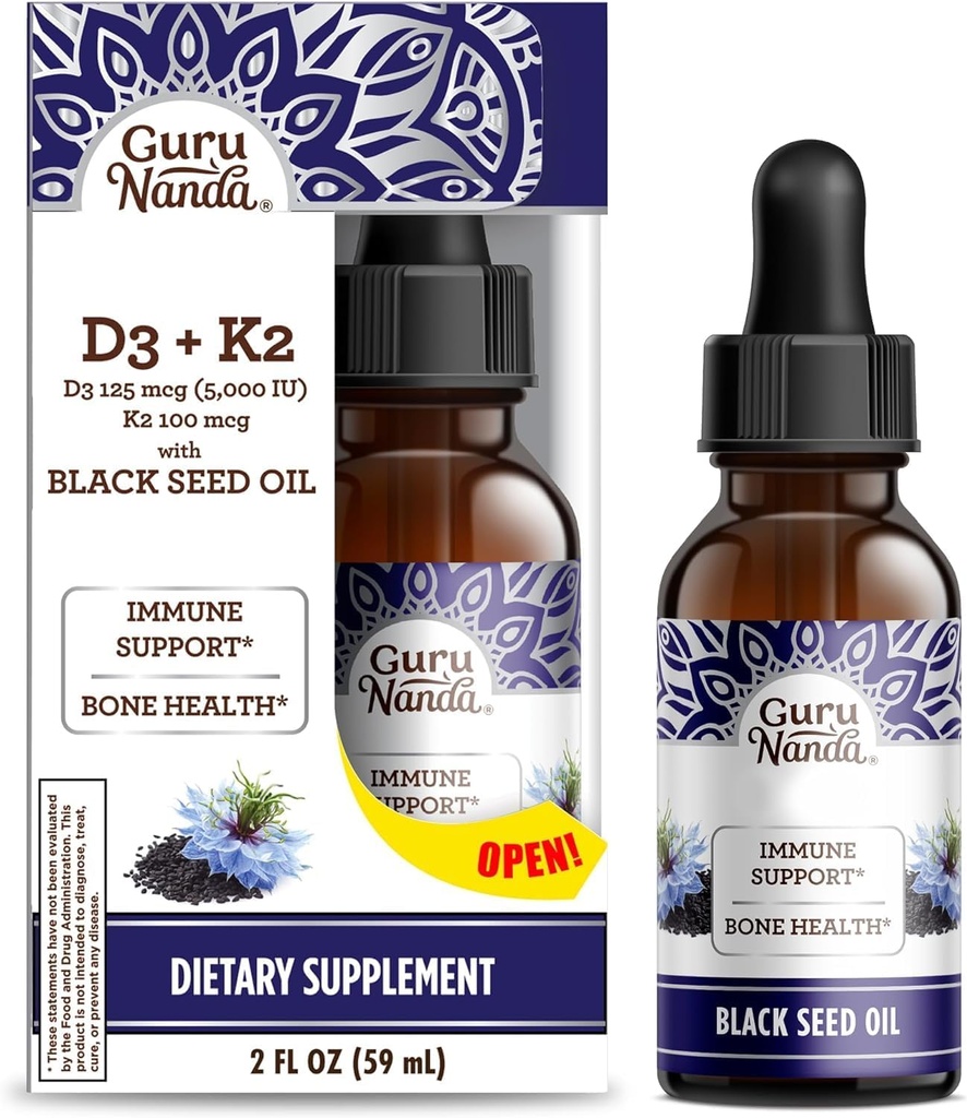 GuruNanda Wellness Bundle: Liquid Ashwagandha with Bacopa (1 Fl Oz) for Focus & Rentoutus Tuki & Musta siemenöljy (2 Fl Oz) kanssa D3-vitamiinia, K2 & E varten immuuni Boosting - Vegan & non-GMO