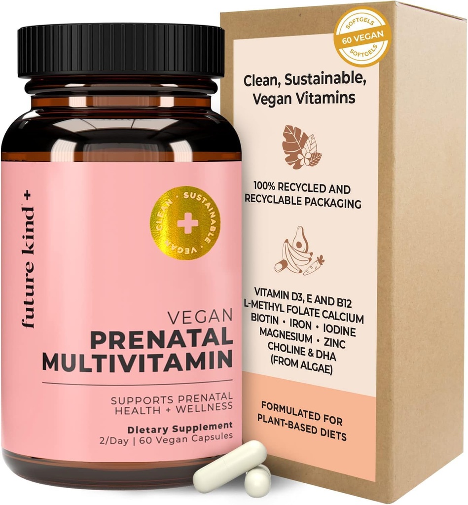 Tulevaisuuden kasvisvitamiini, jossa on DHA & L-metyylifolaattia lasipullossa - Naiset, joilla on D- ja E-vitamiinia, rautaa ja biotiinia - gluteeniton (60ct)