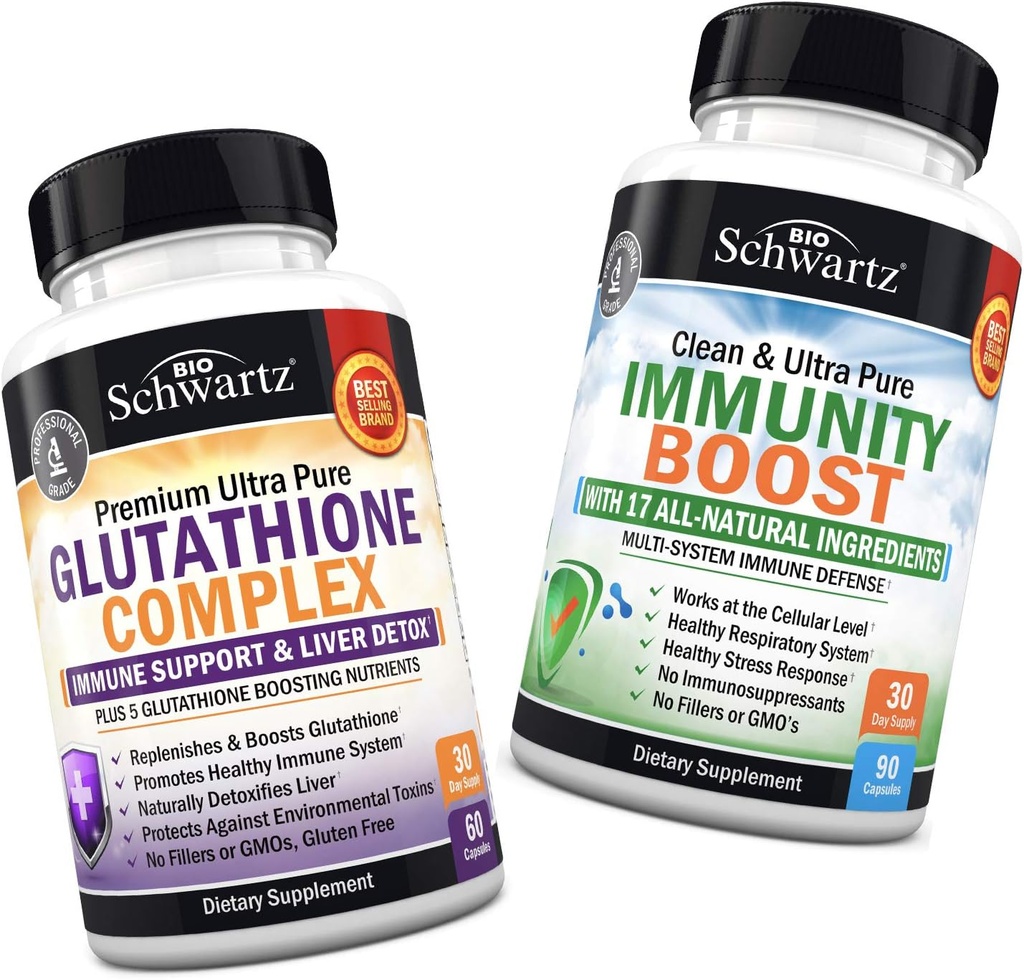 Glutationikompleksi, jossa on maitoa Thistle Extract, C-vitamiinia ja Quercetin + 17-in-1 immuniteetin lisäravinne, jossa on vaniljaa, C-vitamiinia, Echinaceaa ja sinkkiä - edistää maksa- ja immuunitukea