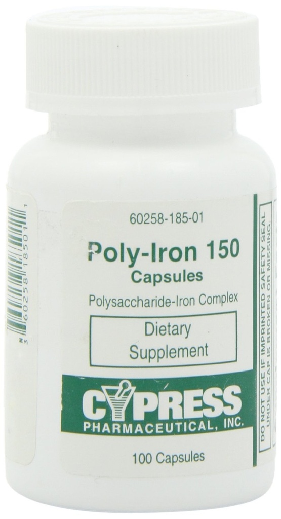 Ravintolisä - 150 mg:n polyrautakapseleita (100 kapselia per pullo) Cypress Pharmaceutical #185-01 (2 pullo 100 kapselia)