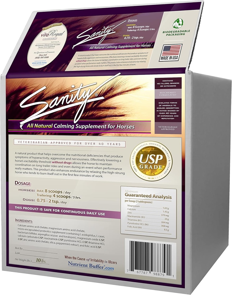 Sanity - Equine Behavioral Calming Focus Supplement for Horse - Magnesium, Kalsium, Sinkki, B-vitamiinit, Aminohapot, Probiootit, tiamiini, Foolihappo, Niasiini, Piparminttu ja enemmän