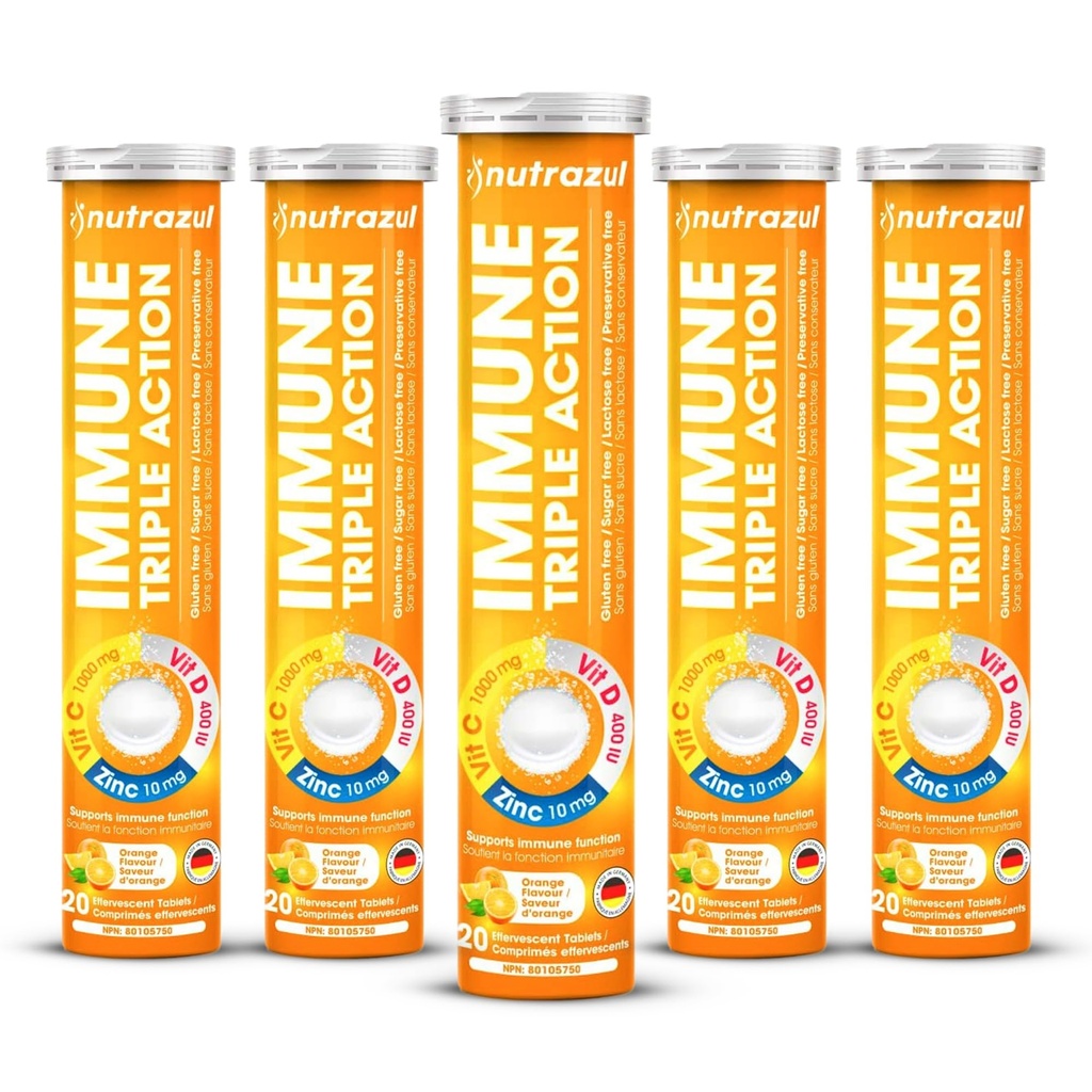 nutrazul Immuuni Triple Action Effervescent Tabletit C-vitamiini 1000 mg, D-vitamiini, Sinkki, Tuki päivittäin Rutiini, Gluteeniton, Sokeriton, Laktoositon, Oranssi maku, 20 tablettia (Pack of 5x20)